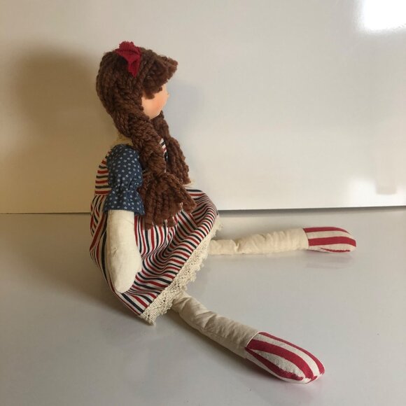 Patriotic Primitive Doll Red White Blue Striped Dress Braids Weighted Bottom - Picture 4 of 6